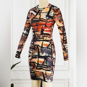 Abstract Print Long Sleeve Dress